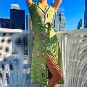 Green Button-Up Dress with Pattern